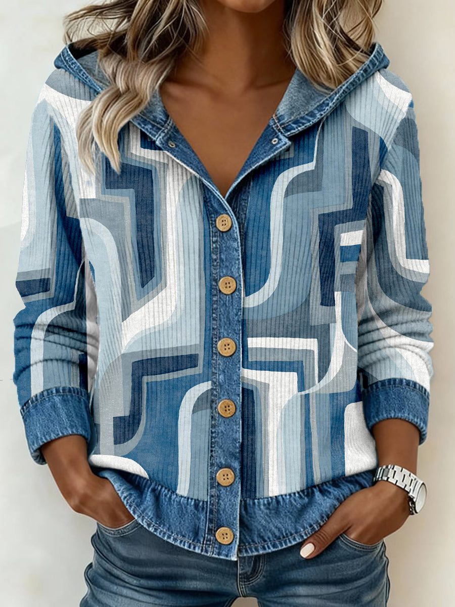 Women's Geometry Abstract Art Print Patchwork Hooded Cardigan