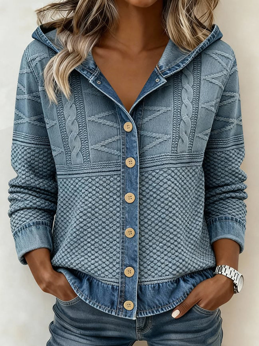 Women's Fall/Winter Patchwork Design Hooded Cardigan
