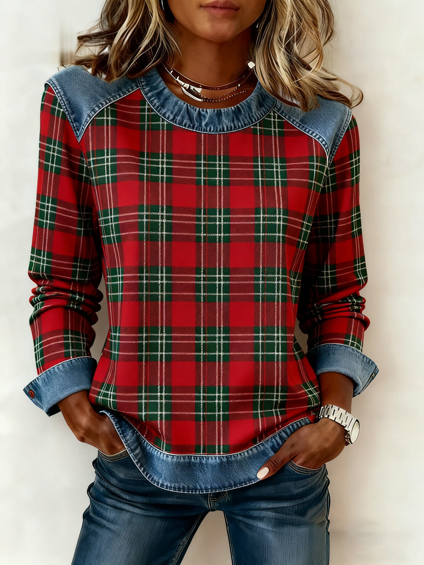 Women's Vintage Casual Checkered Denim Patchwork Sweatshirt