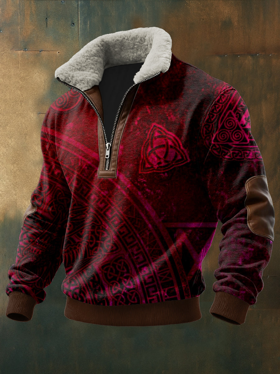 Men's Viking Printed Long Sleeved Stand Up Collar Lambhair Zipper Top