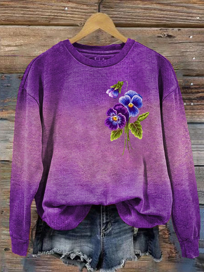 Women's Purple Gradient Floral Print Regular Sweatshirt
