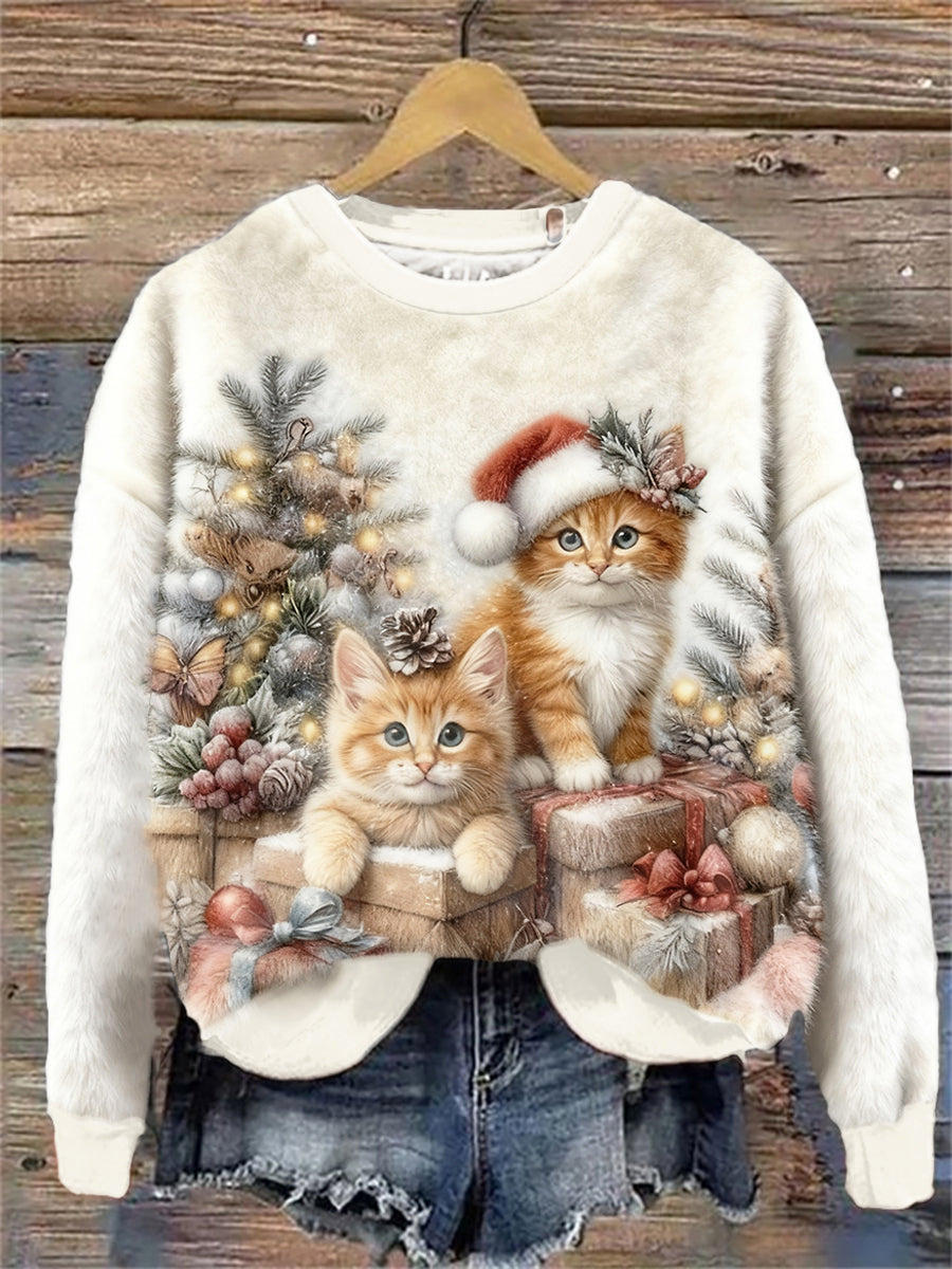 Women's Christmas Cats Art Flannel Hoodie