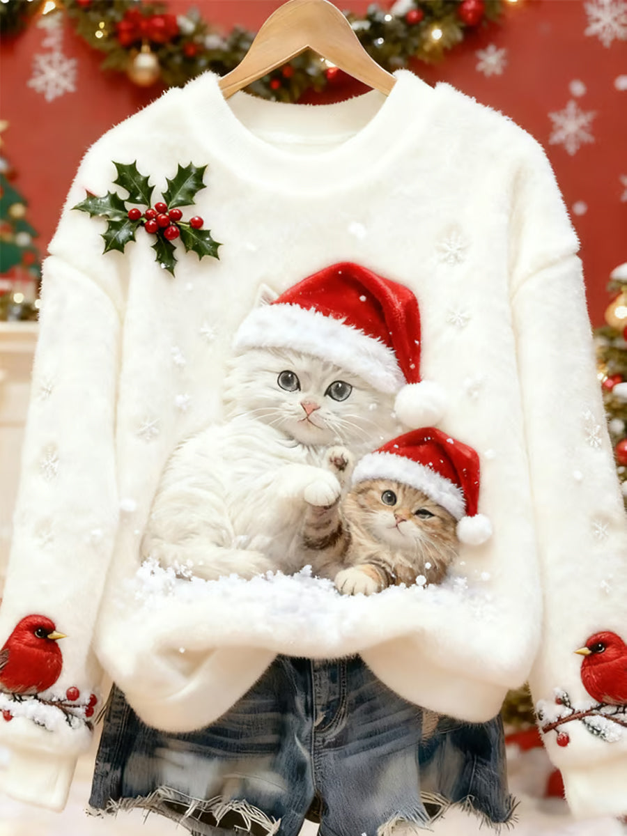 Women's Cute Christmas Cat Art Print Casual Flannel Sweatshirt