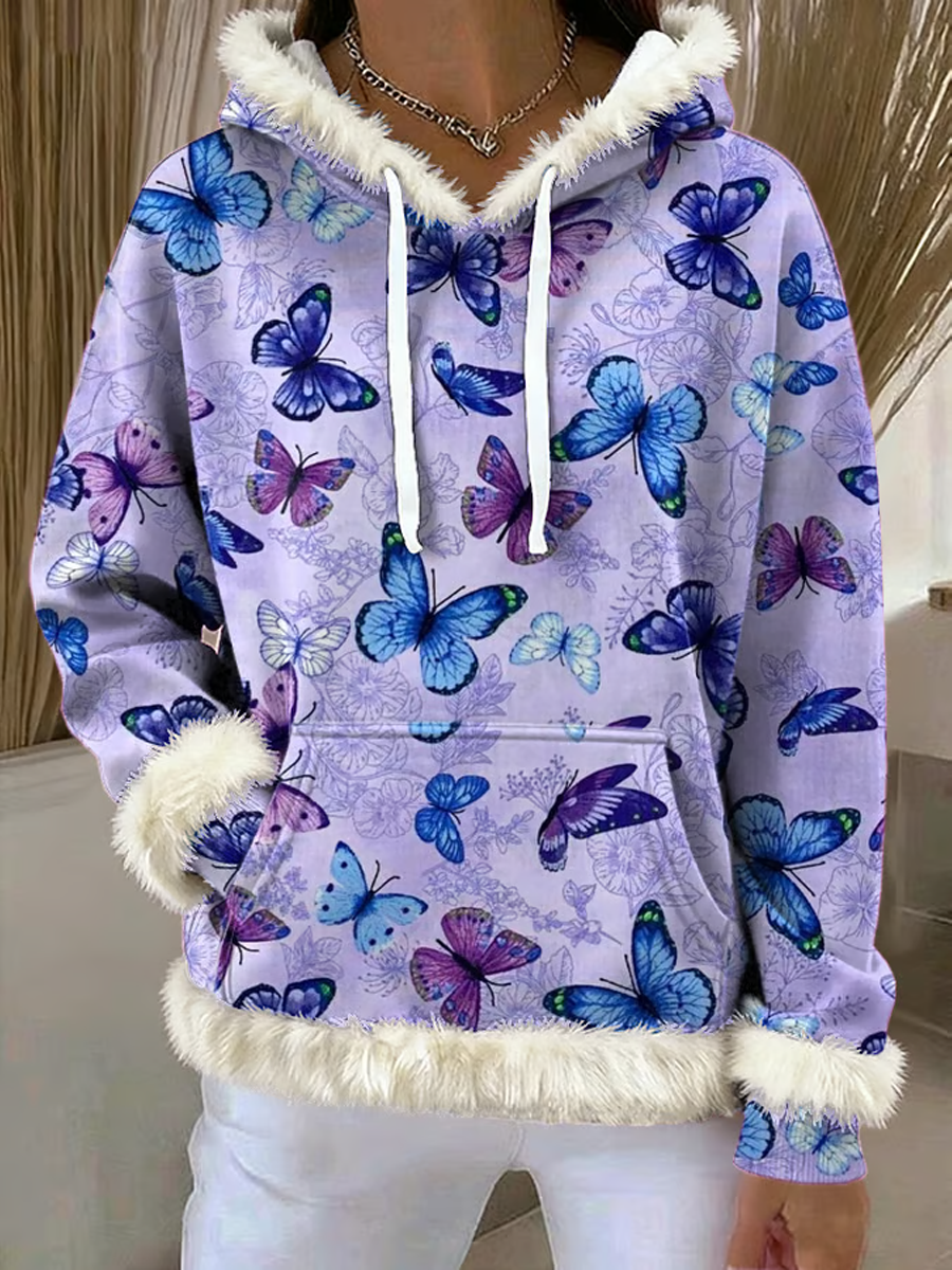 Women's Purple Art Design Printed Plush Hooded Long Sleeve Top