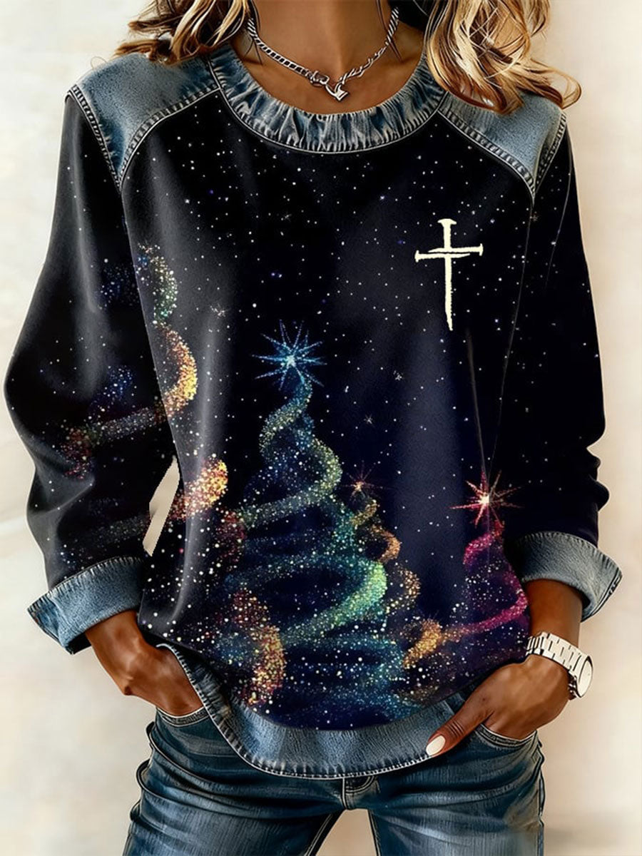 Women's Christmas Cross Denim Patchwork Top