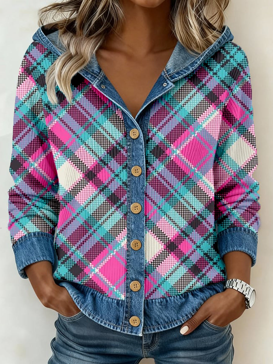 Women's Vintage Plaid Print Denim Patchwork Hooded Cardigan