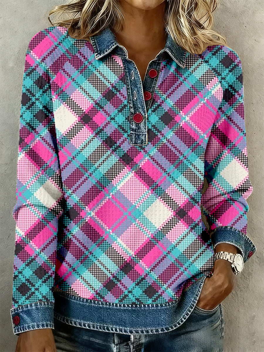 Women's Vintage Plaid Print Denim Patchwork Top