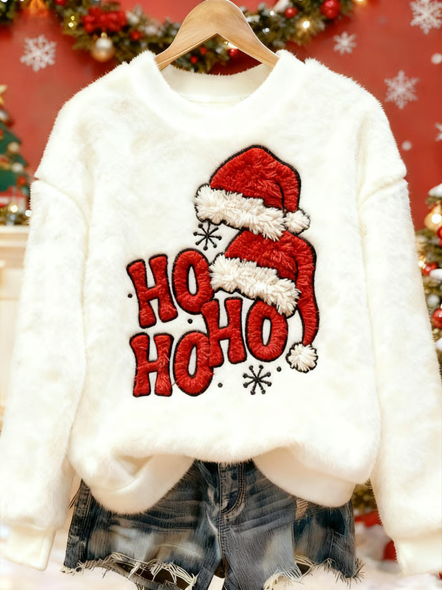 Women's HO HO HO Christmas Hat Flannel Hoodie