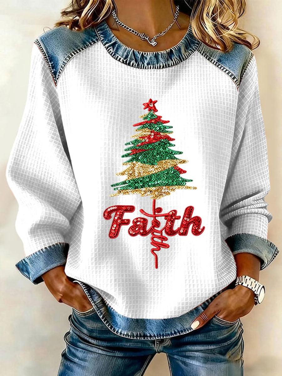Women's Faith Christmas Tree Cross Denim Patchwork Top