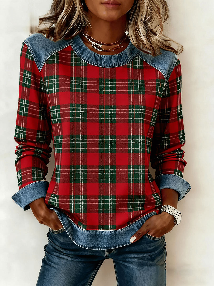 Women's Christmas Tree Plaid Denim Patchwork Top
