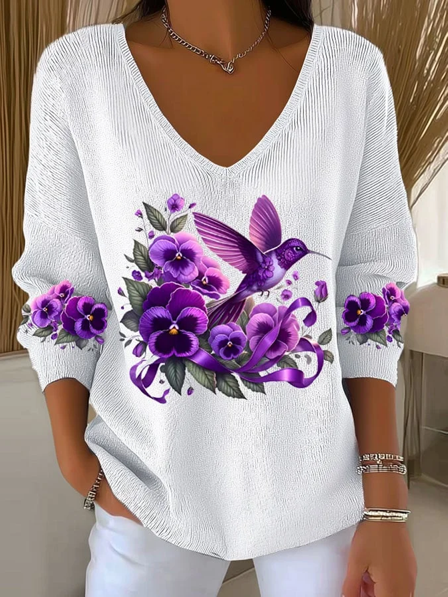 Women's Casual Alzheimer's Awareness Purple Hummingbird Print V-Neck Ribbed Top