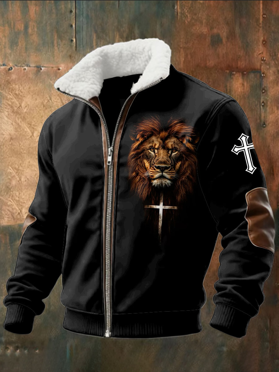 Retro Jesus Lion Lambskin Patchwork Zipper Jacket