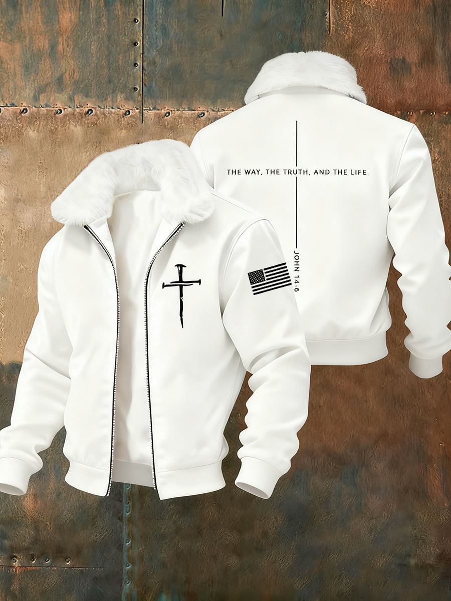 Men's Jesus The Way The Truth The Life Cross Fur Collar Zip-Up Jacket