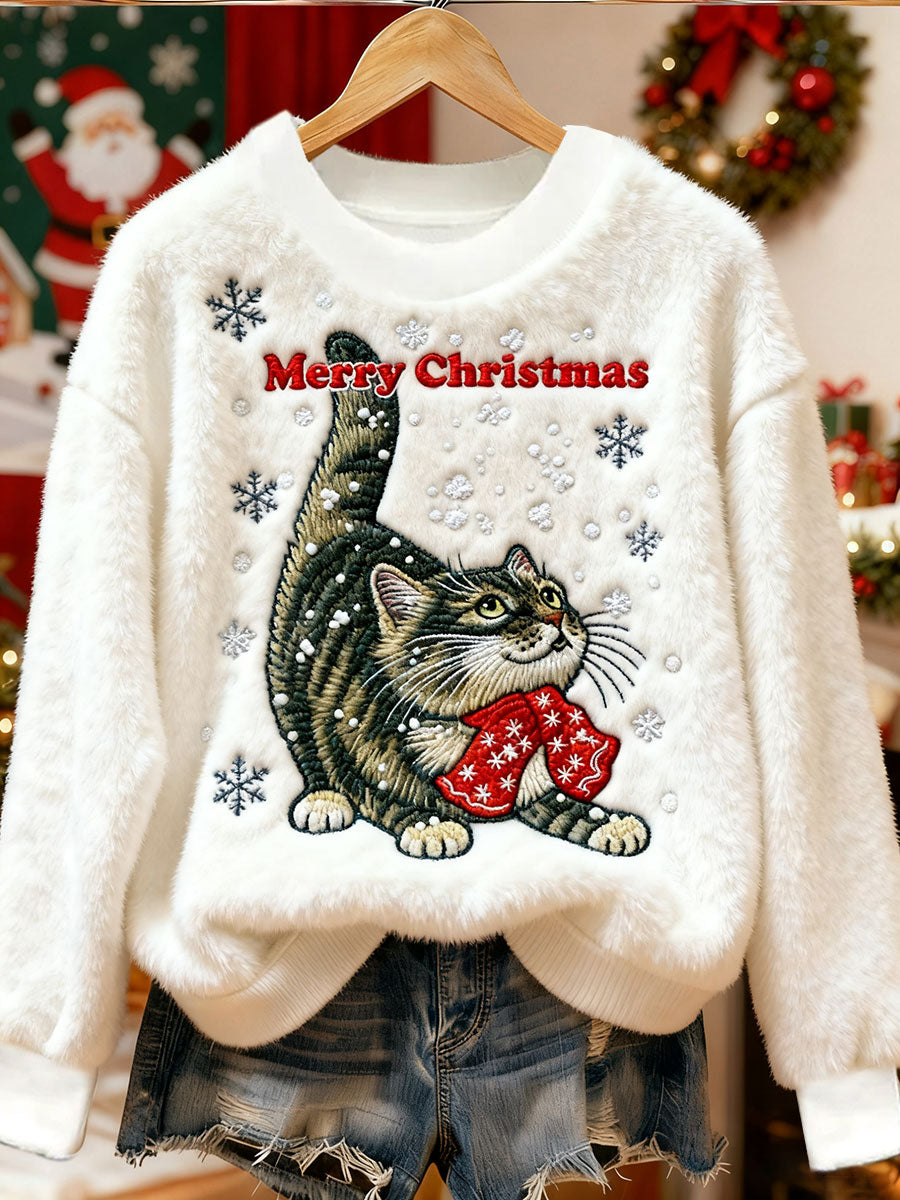 Women's Cute Christmas Cat Art Print Casual Flannel Sweatshirt