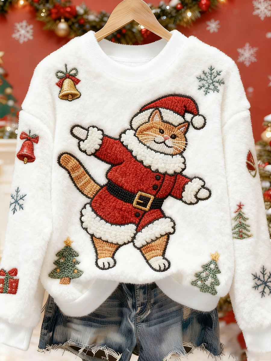 Women's Funny Christmas Cat Art Print Casual Flannel Sweatshirt