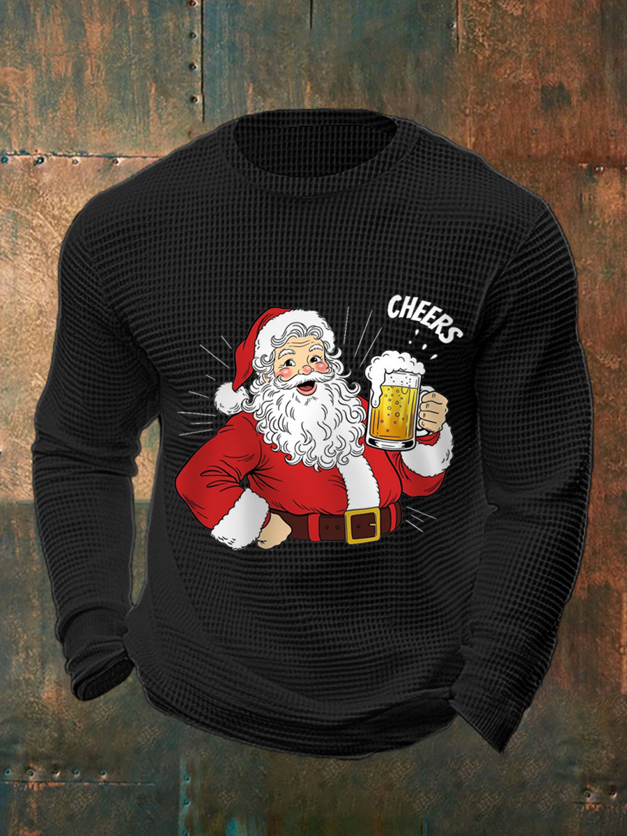 Men's Cheers! Funny Christmas Santa Claus Print Casual Waffle Long Sleeve Top