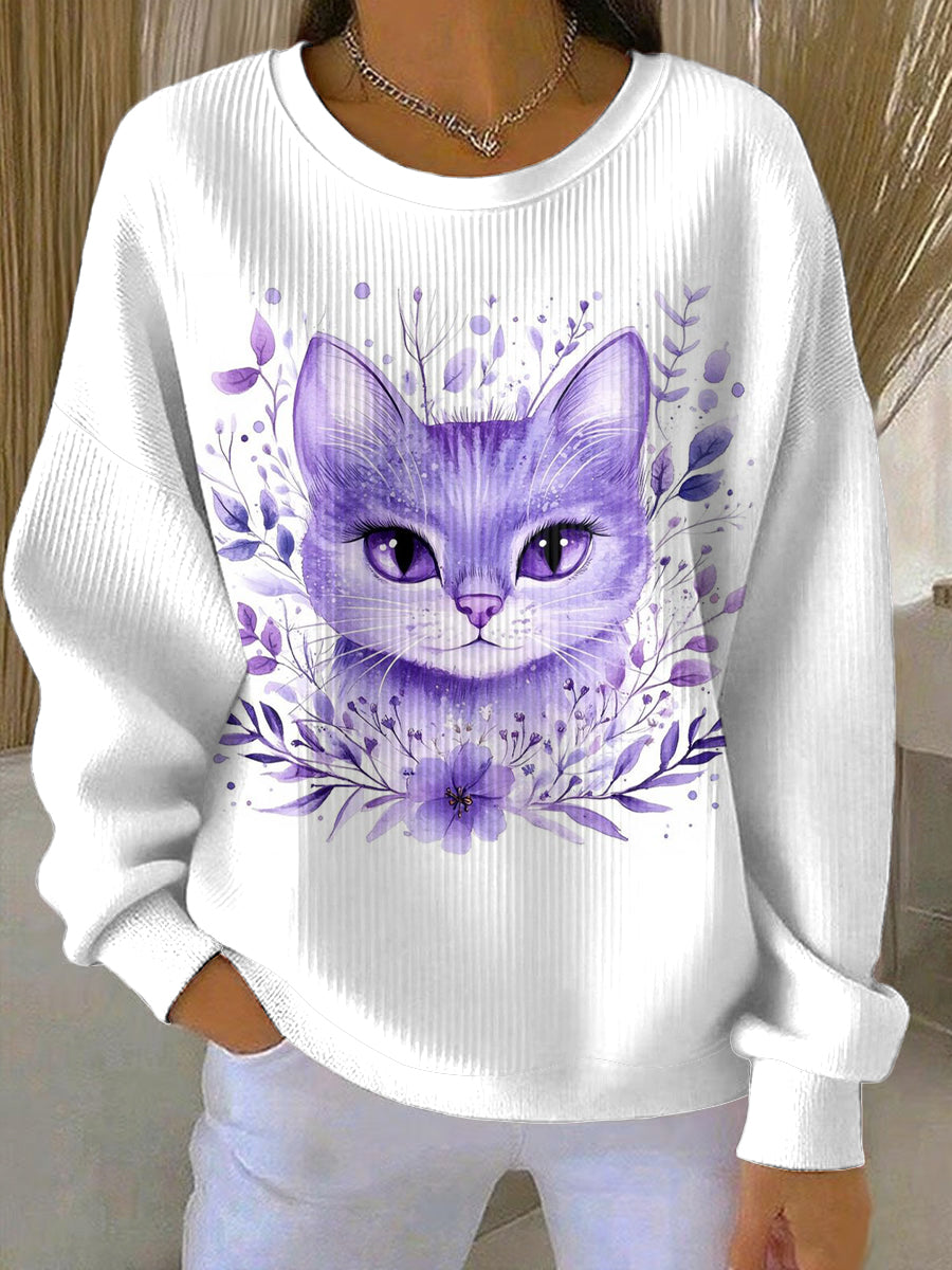 Women's Purple Cat Floral Print Casual Sweatshirt
