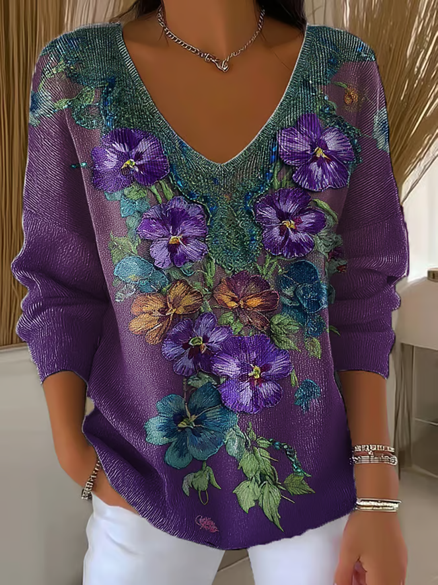 Women'S Casual Purple Floral Long Sleeve T-Shirt
