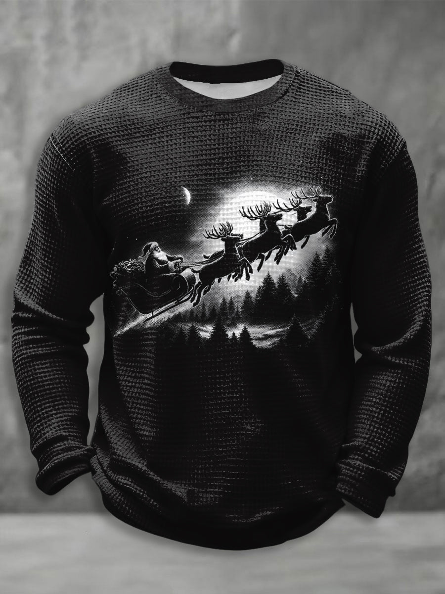 Men's Retro Christmas Vintage Reindeer Scene Waffle Long Sleeve T-Shirt