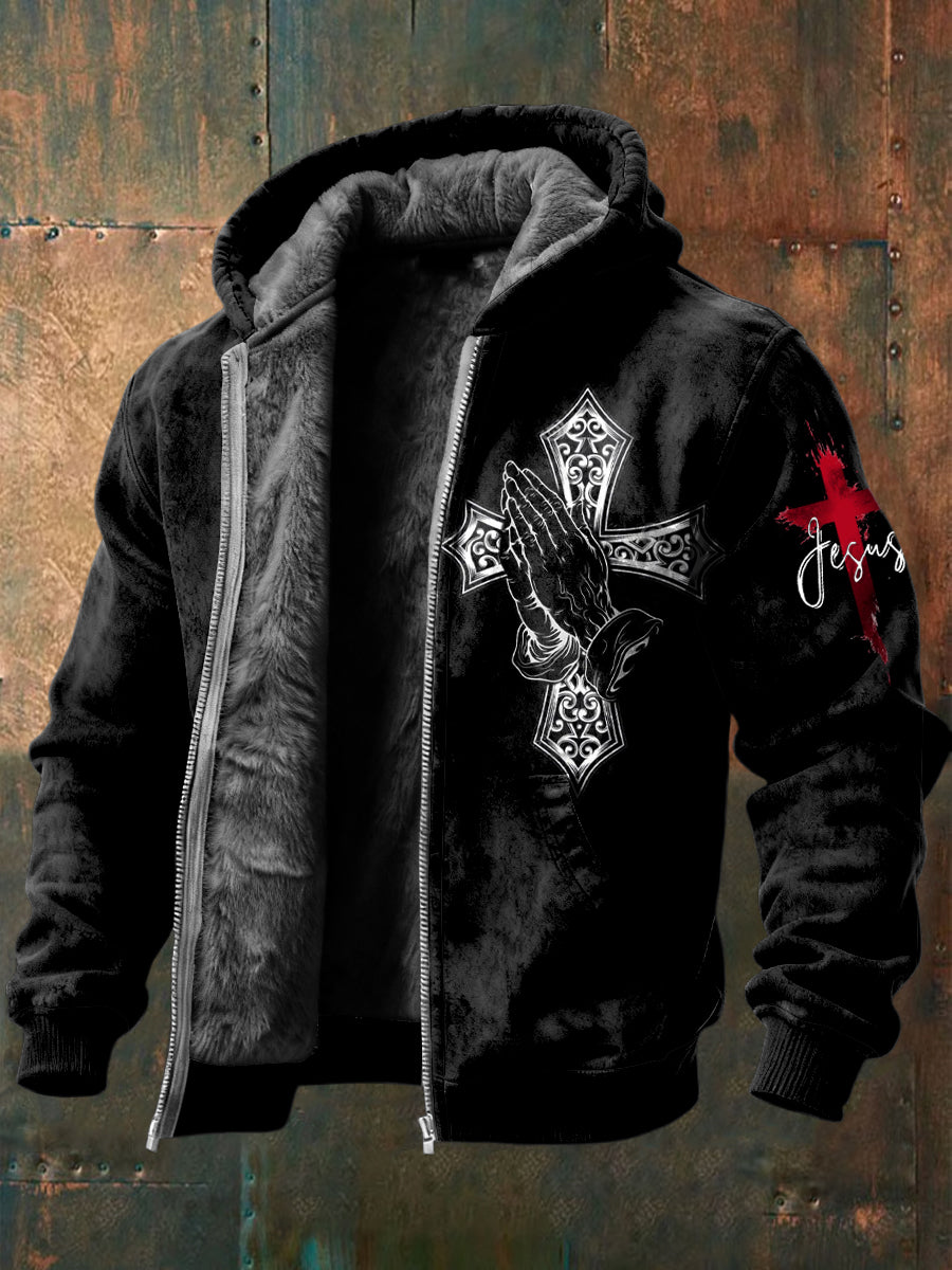 Retro Faith Prayer Fleece-Lined Hooded Jacket