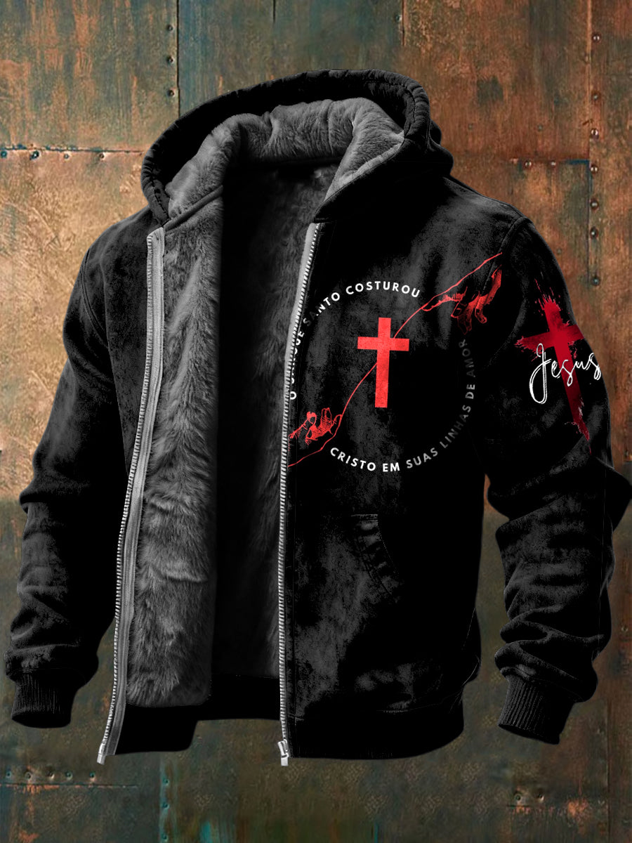 Retro Jesus Redemption Fleece-Lined Hooded Jacket