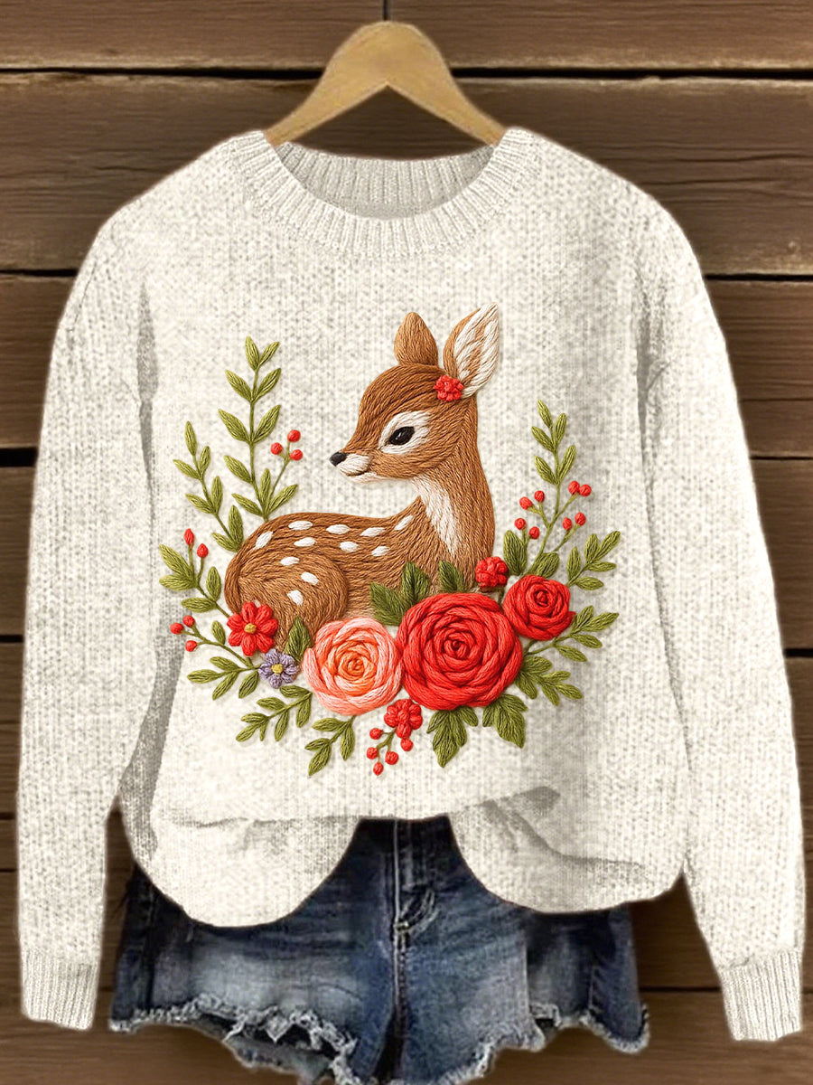 Women's Flower & Deer Embroidery Pattern Cozy Knit Sweater