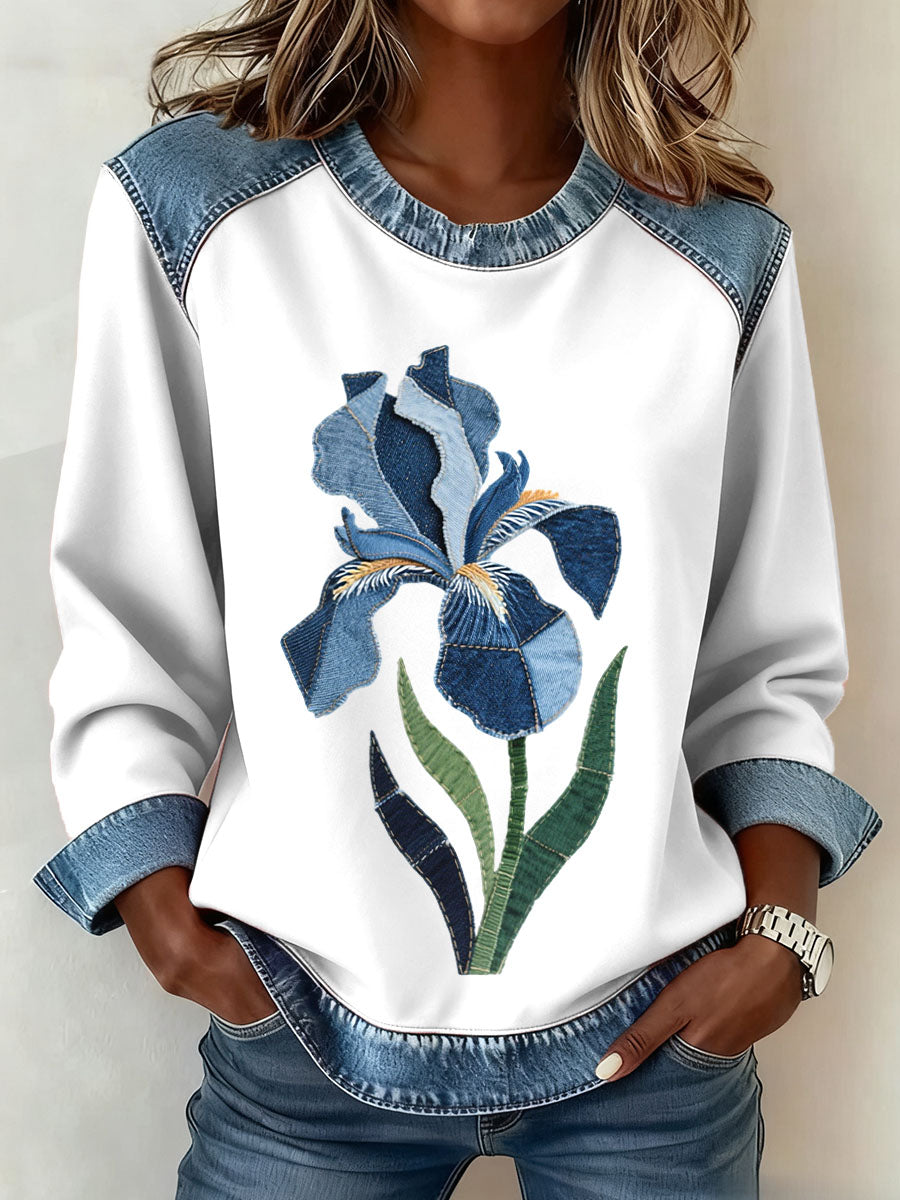 Women's Iris Floral Pattern Denim Patchwork Art Sweatshirt