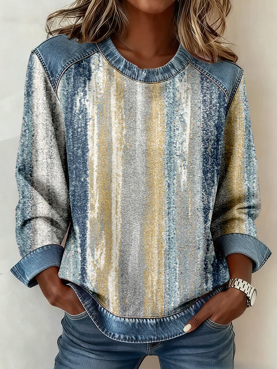Women's Vintage Abstract Art Print Denim Patchwork Sweatshirt