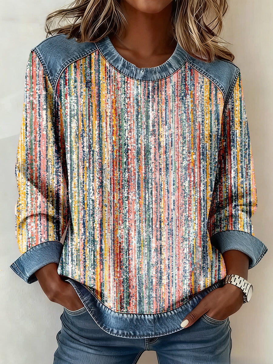 Women's Multicolor Striped Print Denim Patchwork Sweatshirt