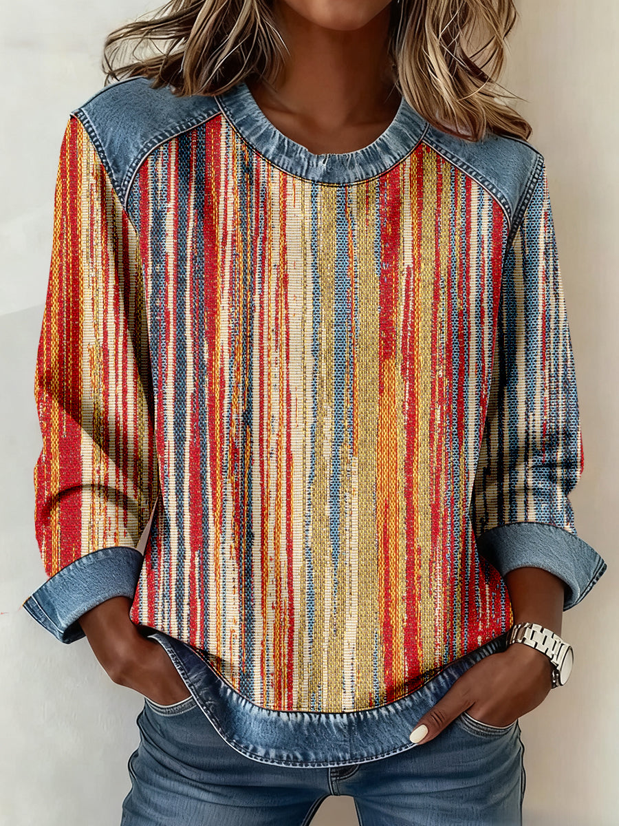Women's Colorful Striped Print Denim Patchwork Sweatshirt
