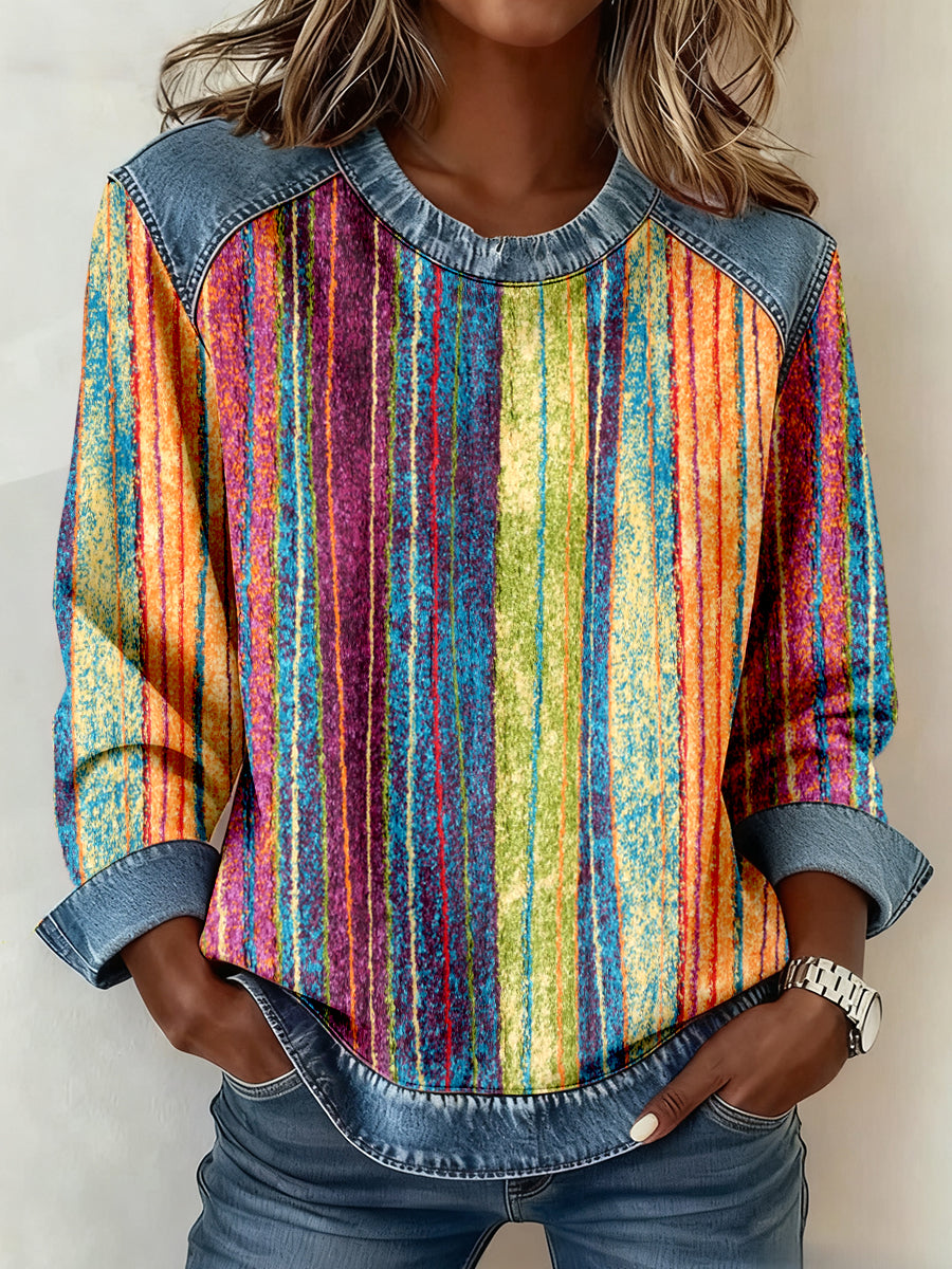 Women's Colorful Striped Print Denim Patchwork Sweatshirt