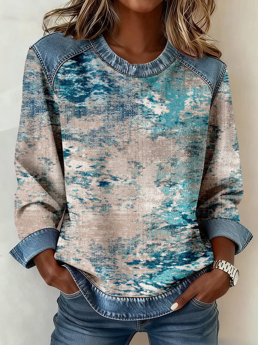 Women's Vintage Abstract Art Print Denim Patchwork Sweatshirt