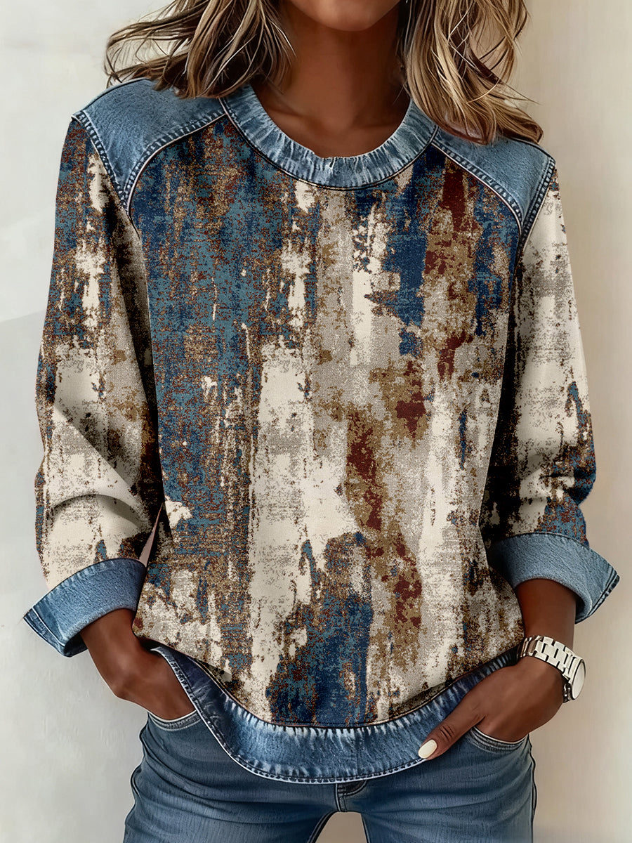 Women's Vintage Distressed Texture Print Denim Patchwork Sweatshirt