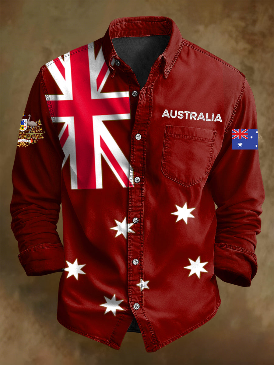 Men's Retro Australian Flag Badge Print Casual Long Sleeve Pocket Shirt