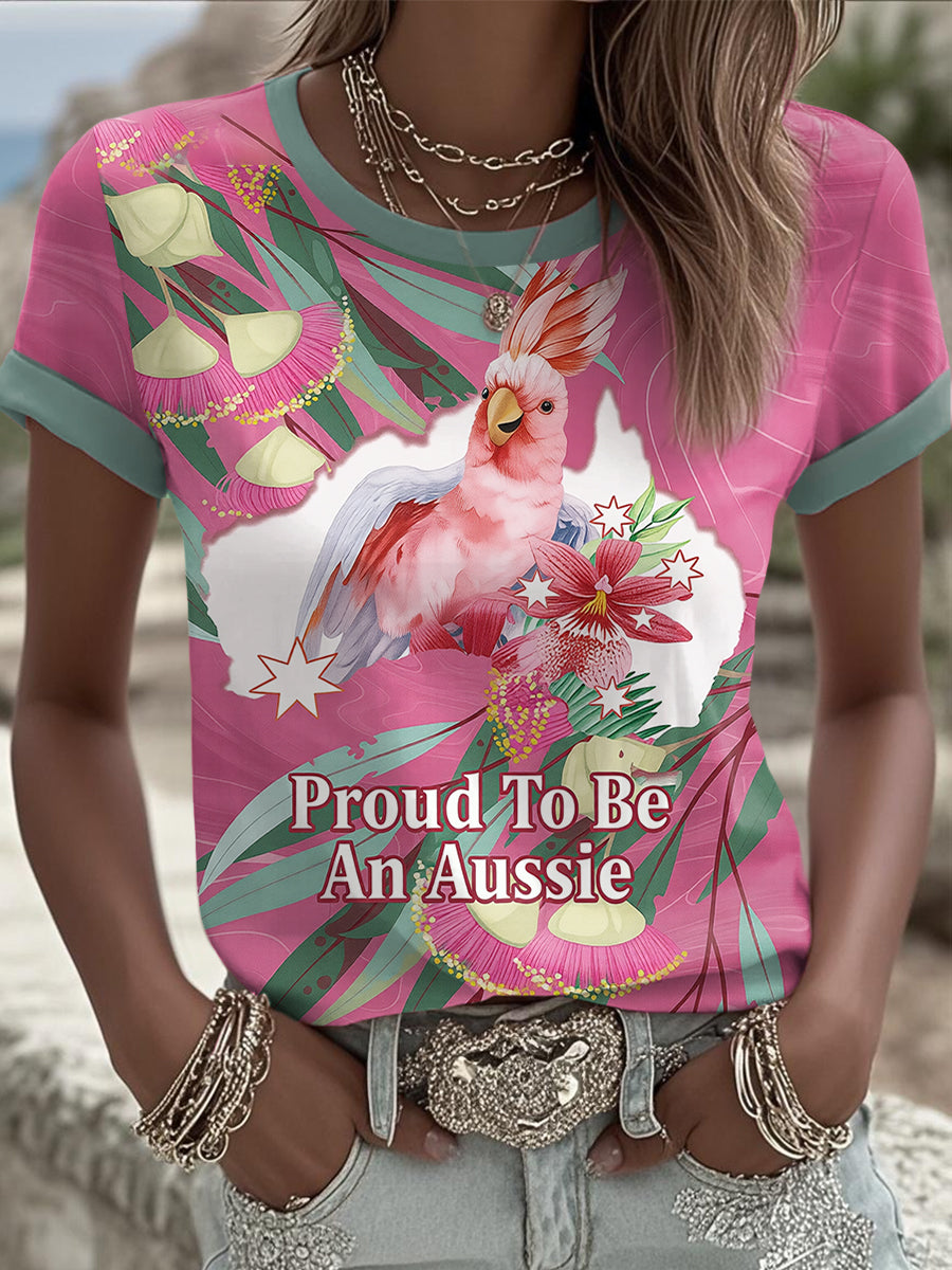 Women's Pink Cockatoo Aussie Proud Printed T-shirt
