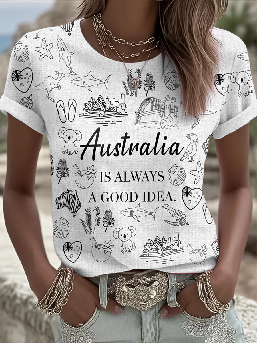 Women's Vintage Happy Australia Day Art Print Casual Cotton Short-Sleeved T-Shirt