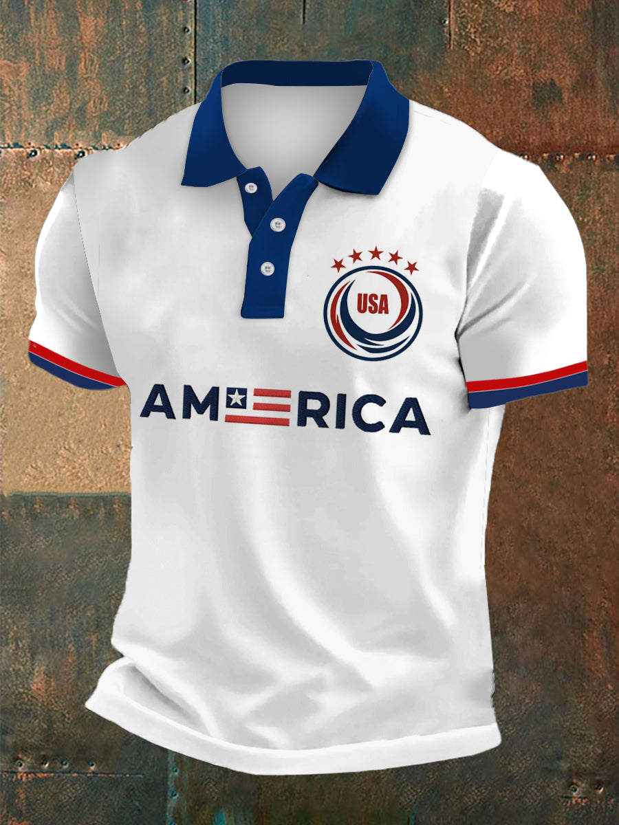 Men's USA Print Polo Collar Casual Short Sleeved Shirt