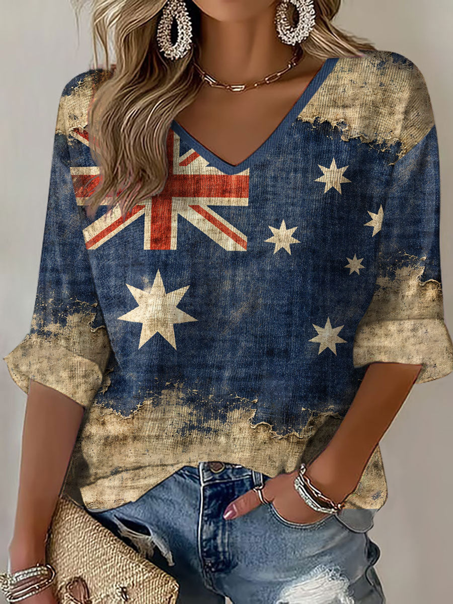 Women's AU Falag Australia Day Art Printed Waffle Tops