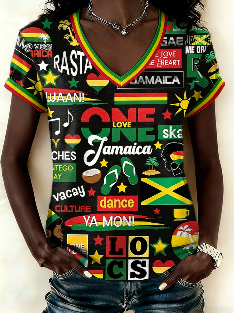 Women's Reggae Music Inspired Print V-Neck T-Shirt