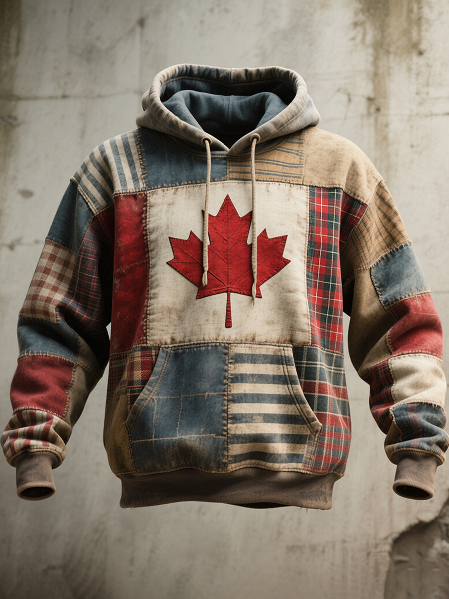 Men's Canadian Flag Inspired Patchwork Art Vintage Washed Hoodie