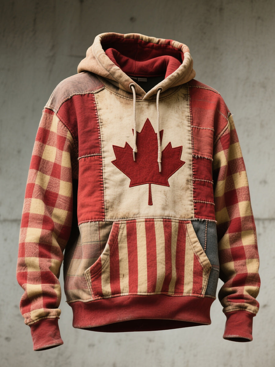 Men's Canadian Flag Inspired Patchwork Art Vintage Hoodie