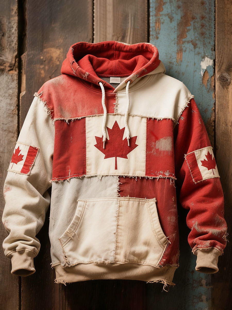 Men's Canadian Flag Patchwork Art Vintage Hoodie