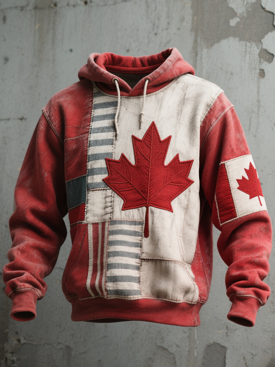 Men's Canadian Flag Inspired Patchwork Art Vintage Hooded