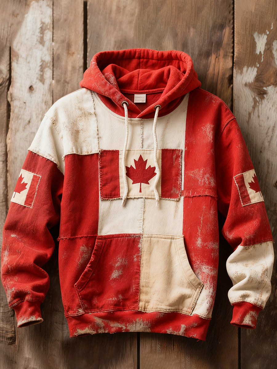 Men's Canadian Flag Patchwork Art Vintage Hoodie