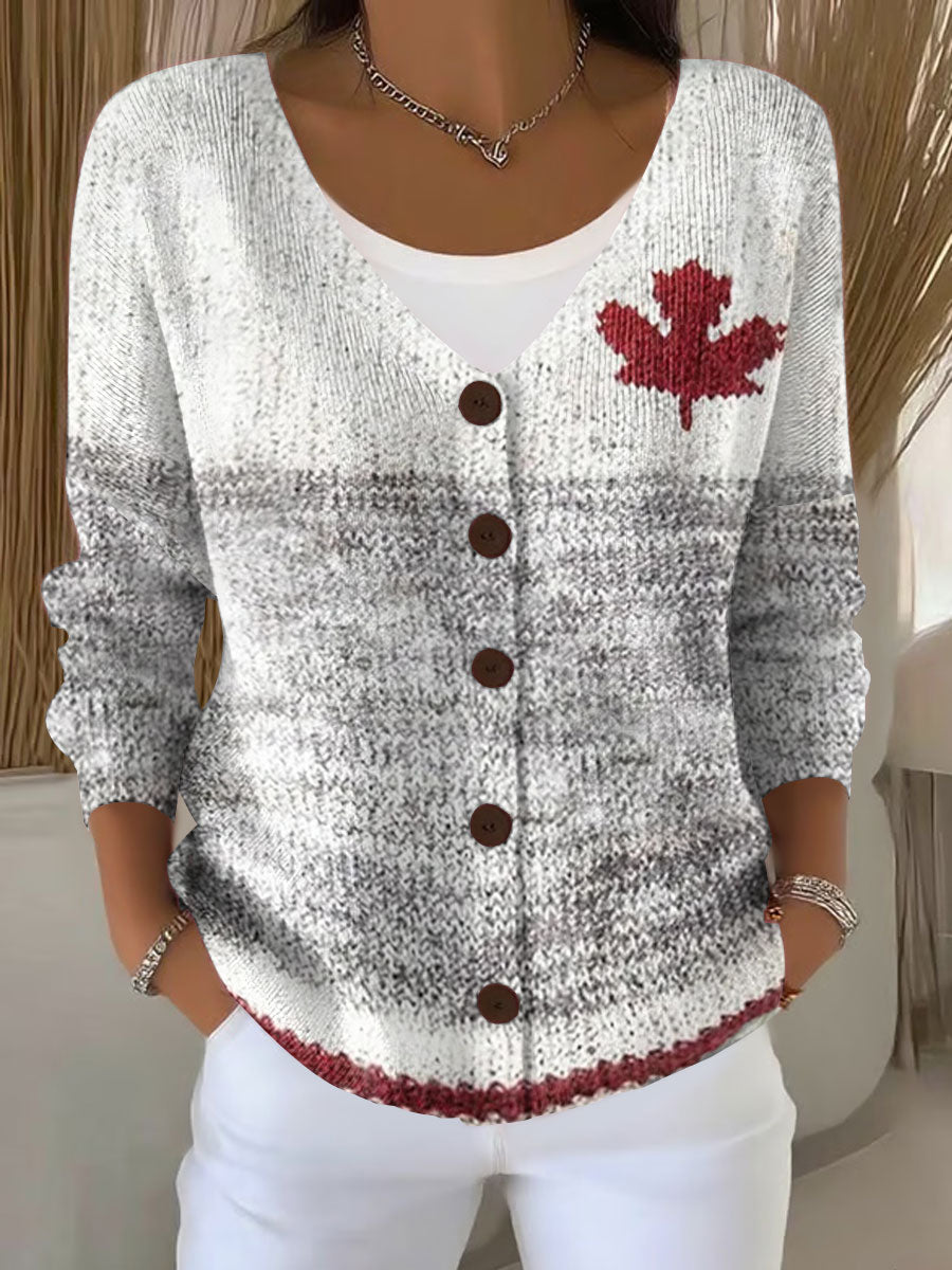 Women's Canadian Maple Leaf Print Casual Cardigan