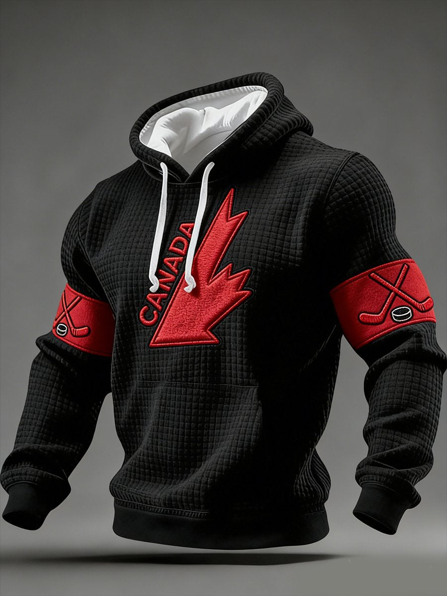 Men's Retro Canadian Ice Hockey Print Waffle Knit Hoodie