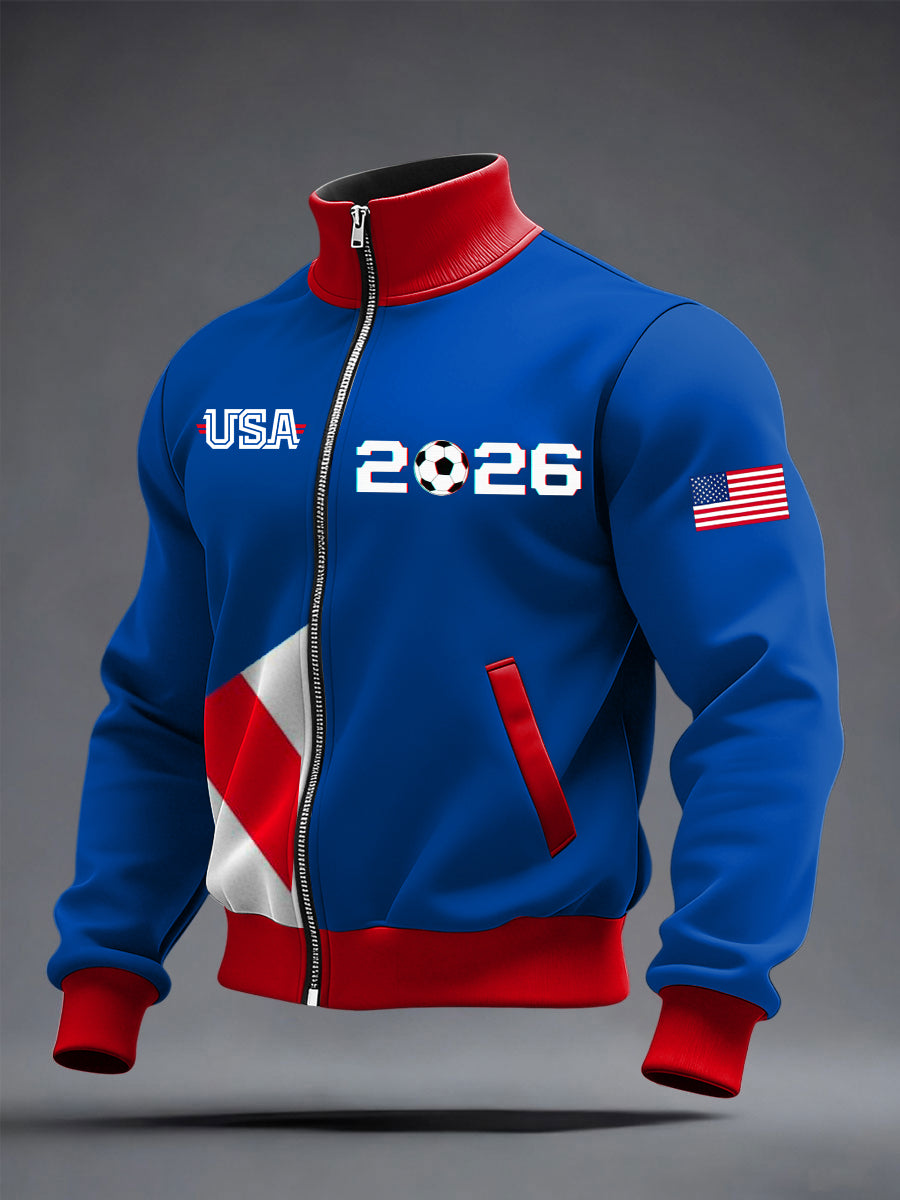 Men's World Cup US Printed long Sleeved Zipper Stand Up Collar Jacket