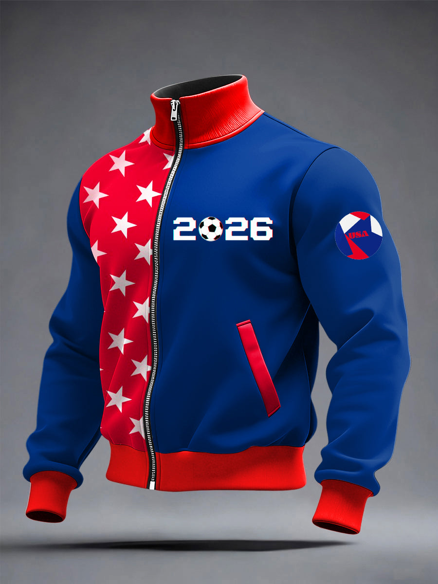 Men's World Cup US Printed long Sleeved Zipper Stand Up Collar Jacket