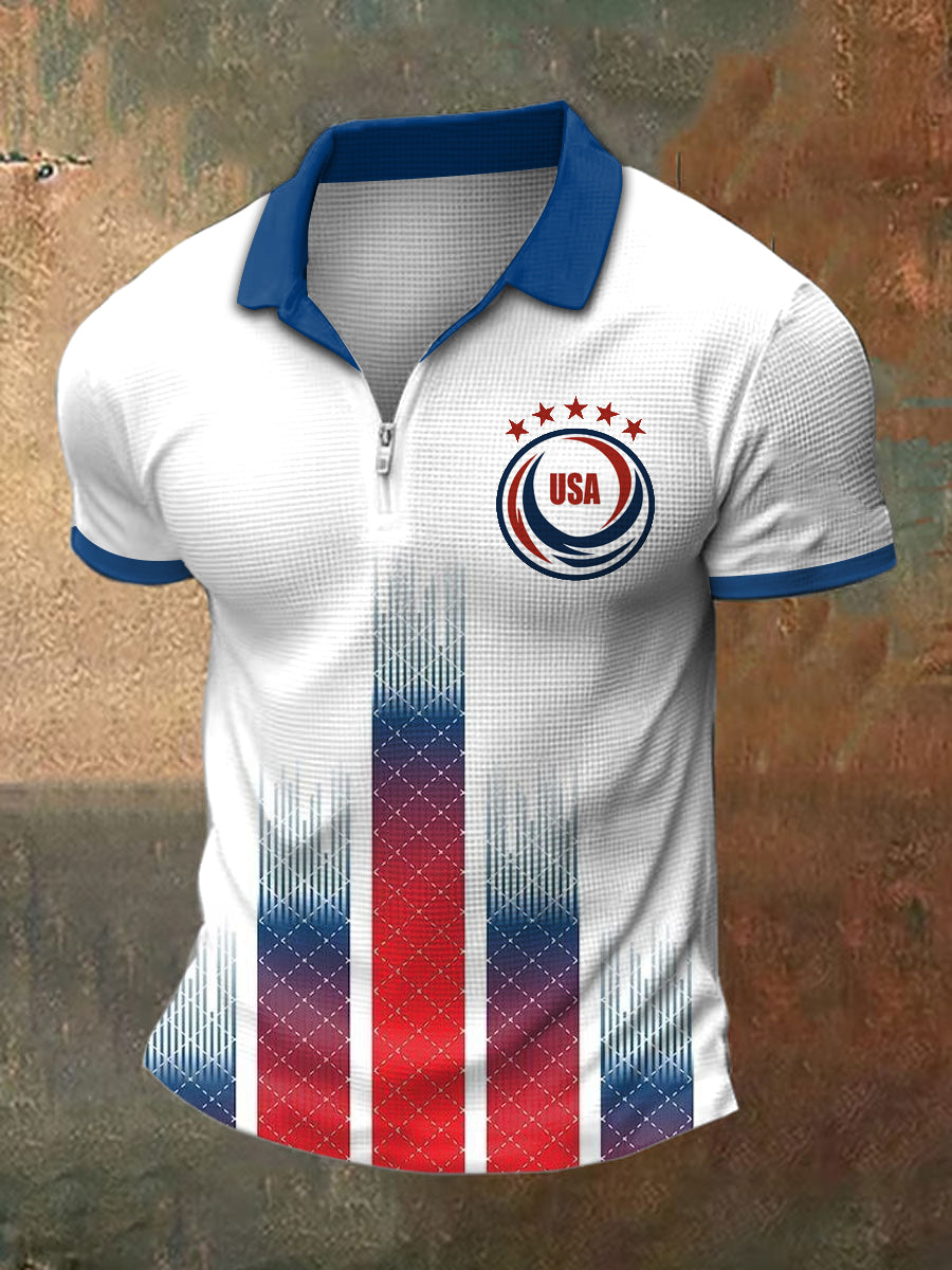 Men's World Cup USA Print Polo Collar Casual Short Sleeved Waffle Shirt
