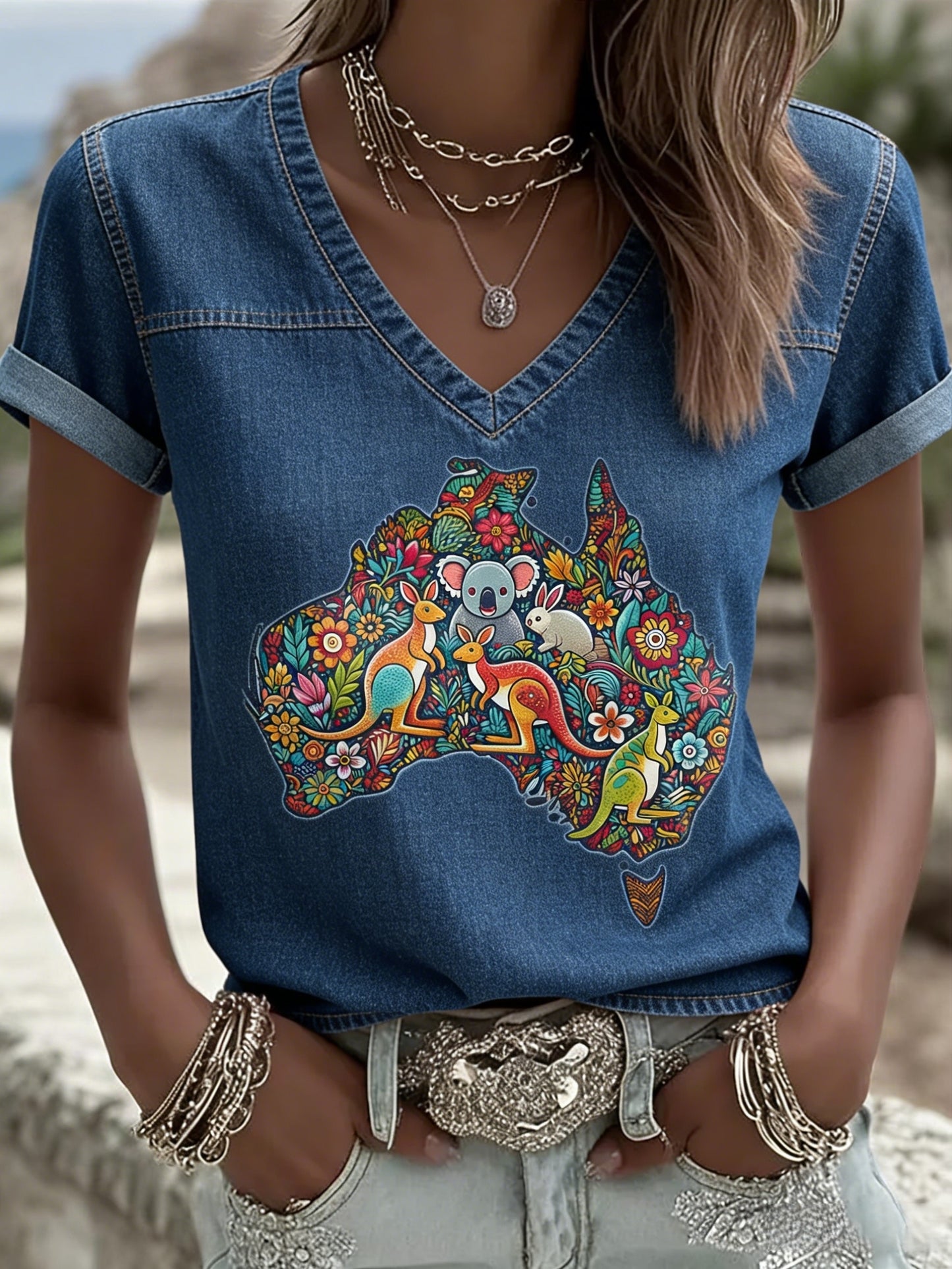 Women's Vintage Australian Holiday Casual V-neck Short sleeves T-Shirt